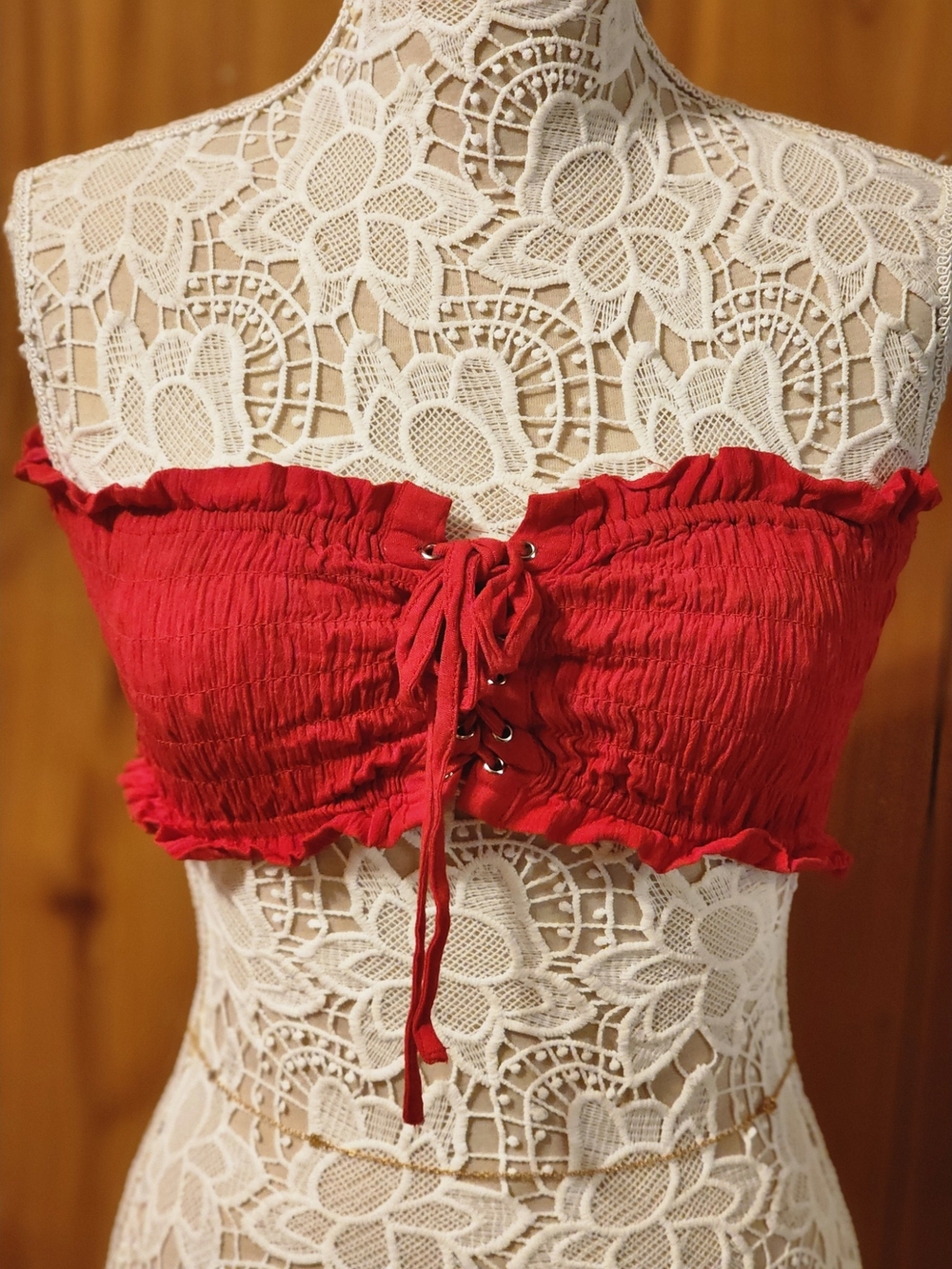 Cherry Red Smocked Lace-Up Front Tube Top